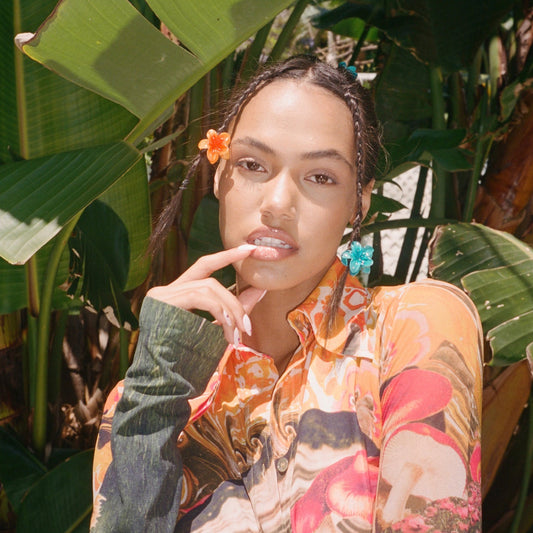 model wearing Baby Super Bloom Clip Set in Saltwater + Mango in braids